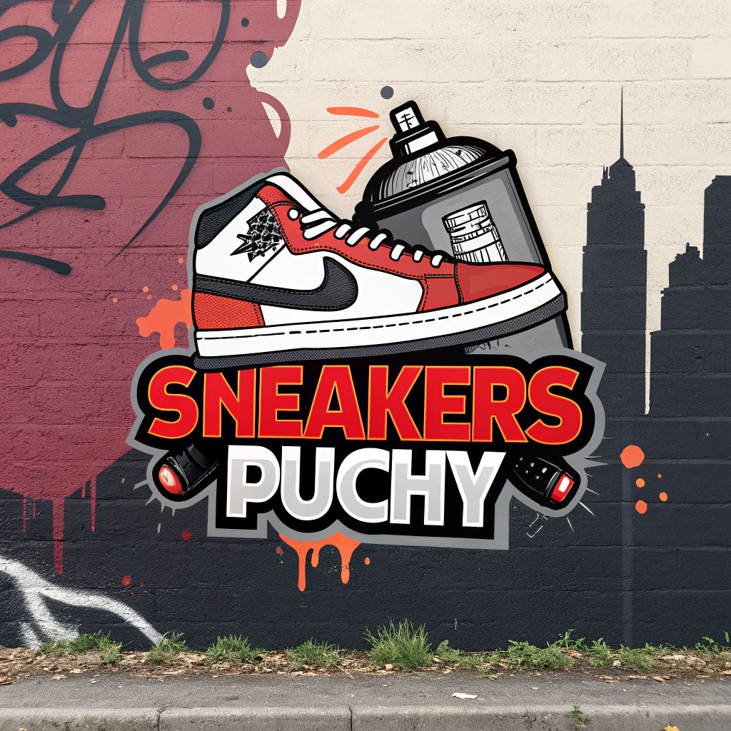 AI generated image by Red Panda AI: "Logo for a sneaker resell store called 'Sneakers Puchy' with an urban style. The logo should feature a stylized silhouette of a sneaker, with graffiti and street art details. Use vibrant colors like red, black, and white. The typography for 'Sneakers Puchy' should be bold and modern, with a graffiti-inspired touch, reflecting urban culture and streetwear. The background can feature a brick wall design or spray paint splashes to reinforce the urban theme. The overall design should feel dynamic and youthful, with the name 'Sneakers Puchy' in large, eye-catching letters."