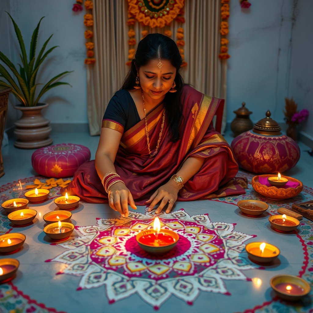 AI generated image by FLUX.1-schnell: Indian lady in her early 40s preparing rangoli and celebrating Diwali festival with sweets and snacks and diyas all around.