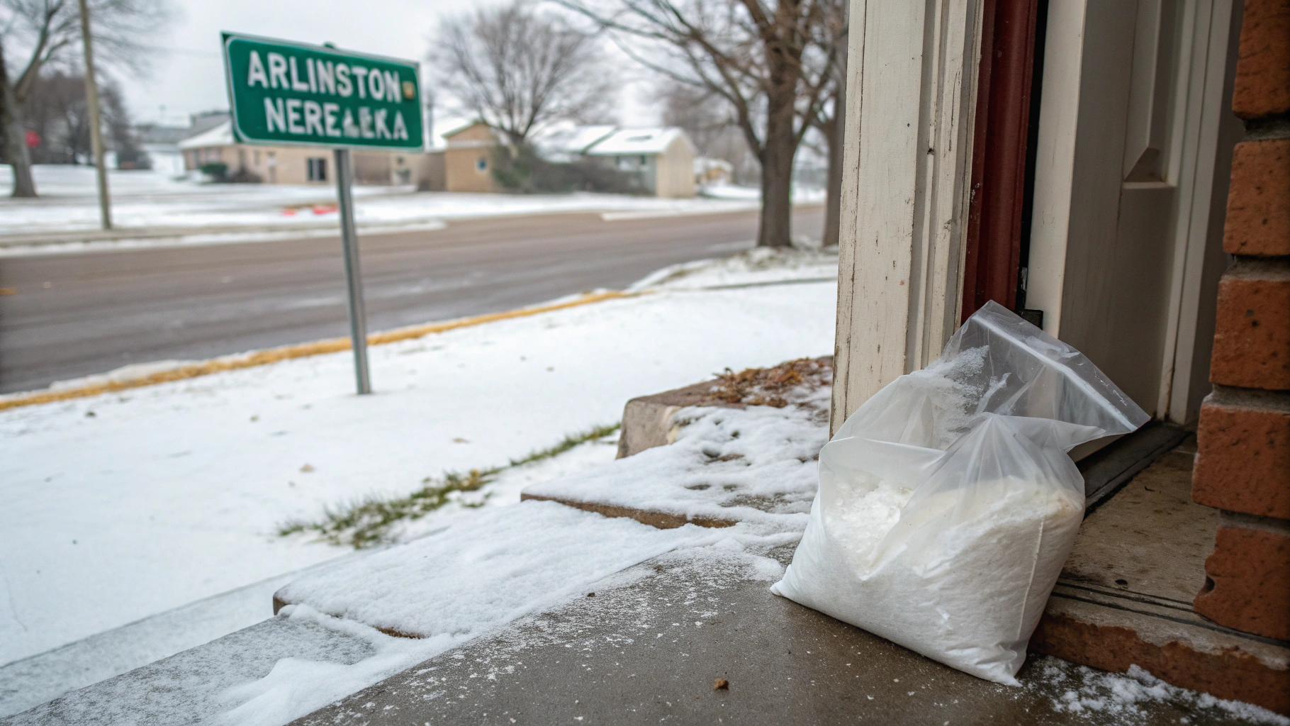 AI generated image by Red Panda AI: clear bag of white powder, the bag is on a doorstep, there is snow on the ground, there is a street sign that says "Arlington, Nebraska"