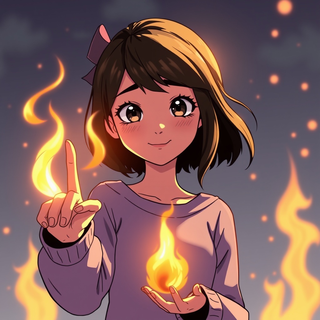 AI generated image by FLUX.1-schnell: A girl snaps her fingers and creates a beautiful fire in front of her. Animated