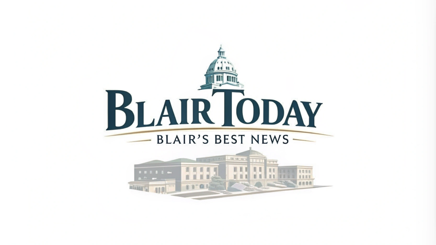 AI generated image by Red Panda AI: logo for online newspaper for the town of Blair, Nebraska.  The text is "BlairToday" and the tagline is "Blair's Best News".  the logo should be a flat file on white background