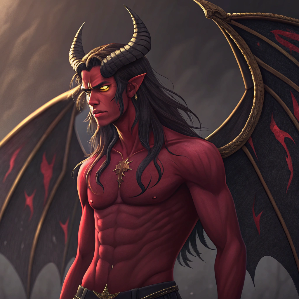 AI generated image by Red Panda AI: red skin demon teen, no horns, black wings with golden details, long hair,his eyes are yellow and he dont have t shirt, have the same pants as majin boo, all in anime style.