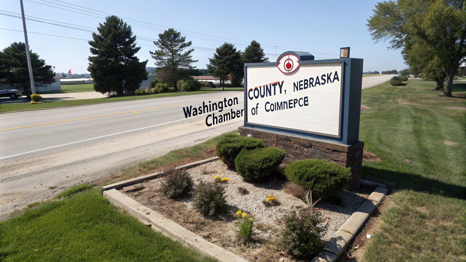 AI generated image by Red Panda AI: "Washington County, Nebraska Chamber of Commerce" sign outside business