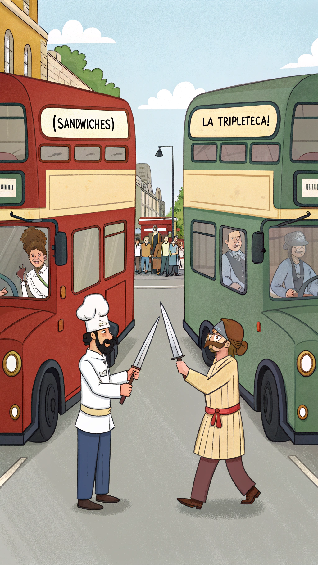 AI generated image by Red Panda AI: "Create me an image of two sandwich buses facing each other, one with a sign that says (Sandwiches) and the other that says (La Tripleteca) with 2 different chefs in a defiant attitude, holding spatulas as if they were swords."
