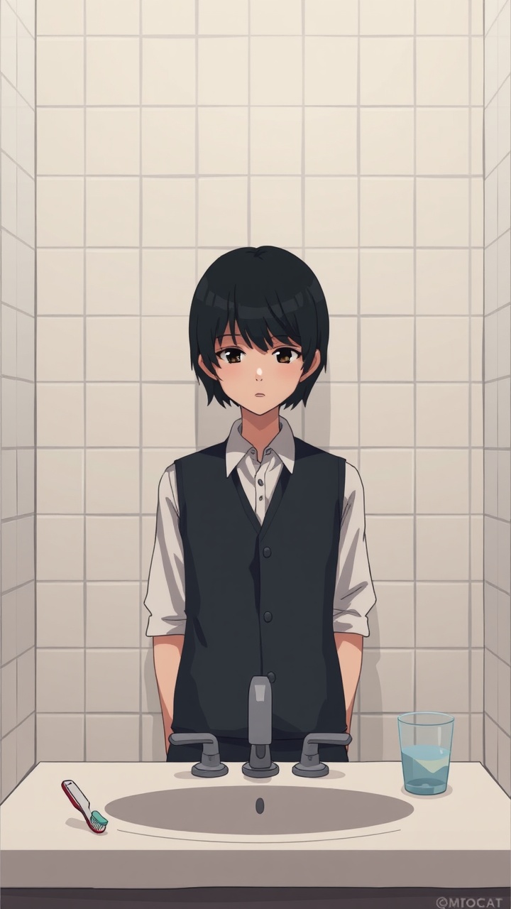 AI generated image by FLUX.1-schnell: Omocat's omori game artstyle, The image depicts a young person standing behind a bathroom sink, their expression somber. Their dark hair is neatly styled, and they are dressed in a white shirt with a dark vest. The tiled walls behind them are plain and featureless, creating a sense of isolation. The only other elements in the scene are a toothbrush and a glass on the counter, suggesting a routine that the individual may find difficult to engage in. The overall mood of the image is melancholic, hinting at a sense of loneliness or sadness. The subdued colors and minimalist composition further contribute to the somber atmosphere.  The image leaves room for interpretation, inviting viewers to consider the inner thoughts and feelings of the subject.