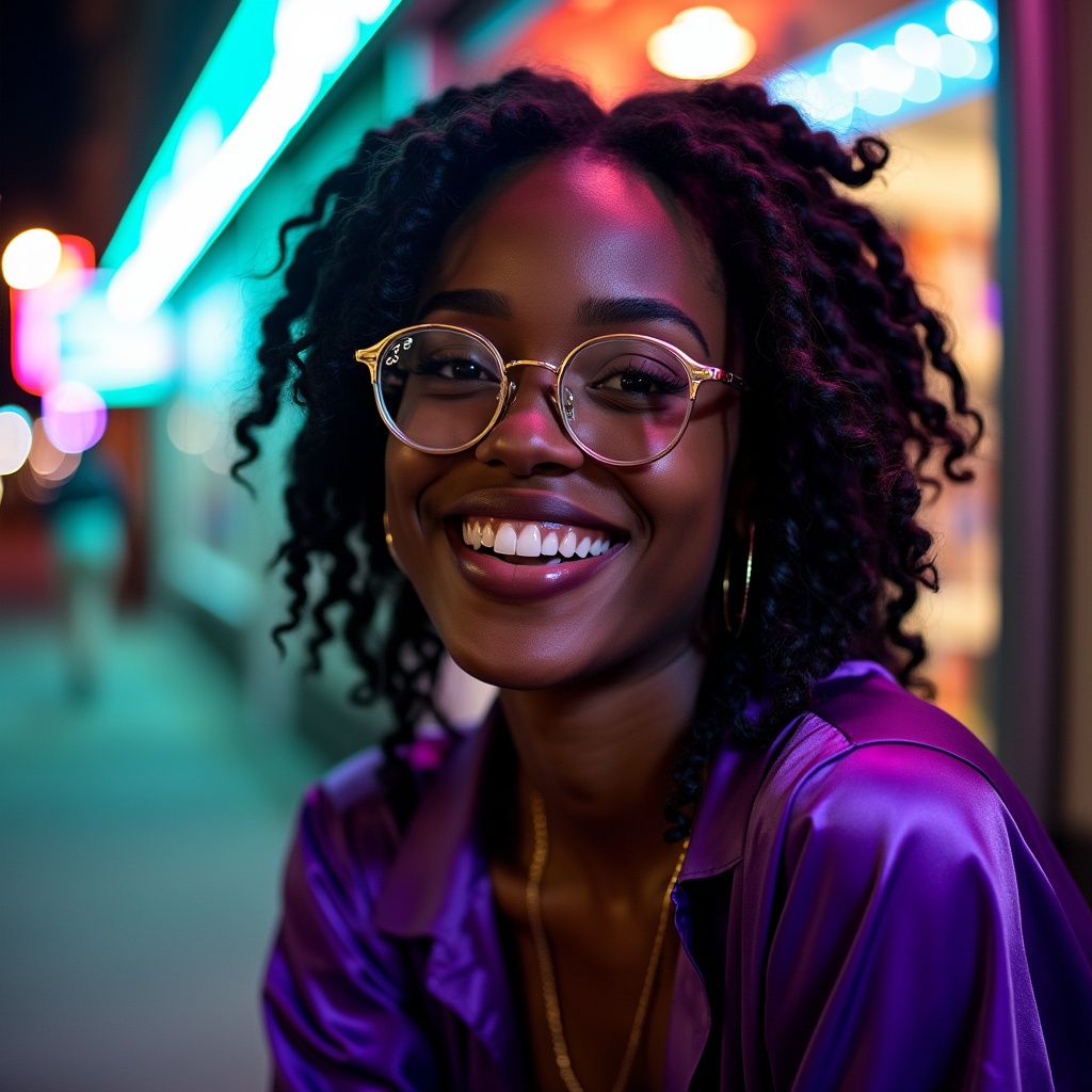 AI generated image by FLUX.1-pro: A black woman with natural curly hair in nagô braids, wearing gold-rimmed glasses and a purple silk blouse, smiling spontaneously. Blurred background with a neon-lit store in shades of turquoise and lilac. 35mm lens, portrait, natural night lighting, vibrant, urban style, fashion, beauty. --ar 3:2