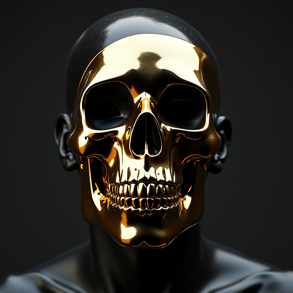 AI generated image by FLUX.1-pro: Frontal portrait of a black statue, golden skull mask , contemporary art, studio lighting, editorial photography in the style of Londre d'Gerin, featured on the CG Society contest winner, fluid forms, gold leaf accents, symmetrical composition, contrast between hard edges and soft shapes.