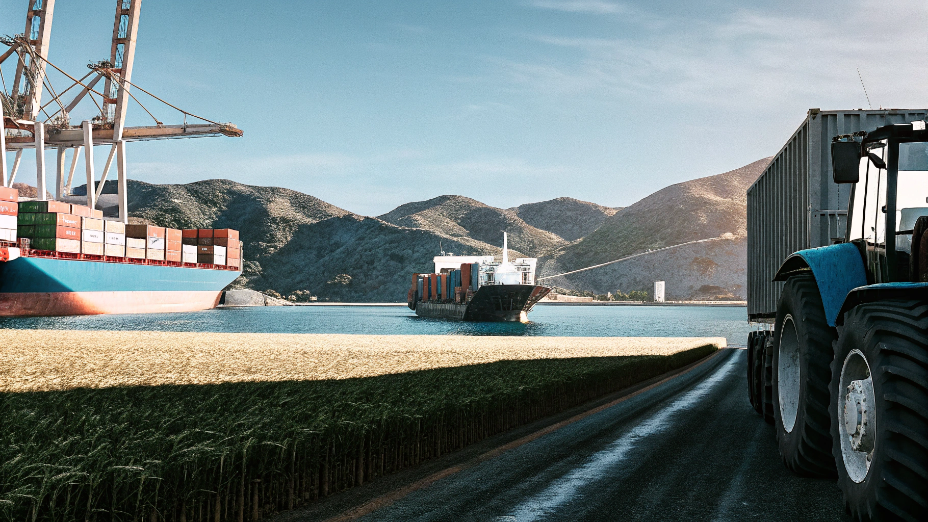 AI generated image by Red Panda AI: Vaste et large paysage agricole, valloné et naturel - mélangé avec les différentes illustrations des 3 modes de transport principaux(air/mer/route)
Paysage réaliste et naturel, lumière douce. Détaillé. Forte profondeur de champ. Valloné. 
- dans le fond de l'image: grande profondeur de champs. Paysages de montage et petits monts
- milieu et trame principale de l'image : paysages agricoles d'elevage et de champs de céréales avec un tracteur New holland travaillant dans un des champ
- milieu droite dans le fond : montrer une activité portuaire avec des grues, un porte conteneur à quai et des conteneurs sur le quai.
- au premier plan, montrer une route sineuse de campagne traversant un champ de blé jaune, avec une camionnette de livraison Iveco sur la route
- dans un beau ciel bleu, un avion cargo

