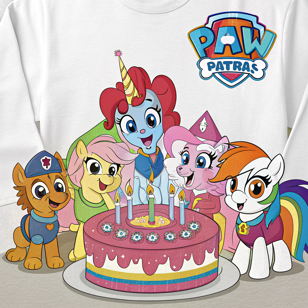 AI generated image by Red Panda AI: Draw eight My Little Pony characters surrounding a birthday cake in the center. Add a white long-sleeve shirt featuring Paw Patrol as part of the scene.