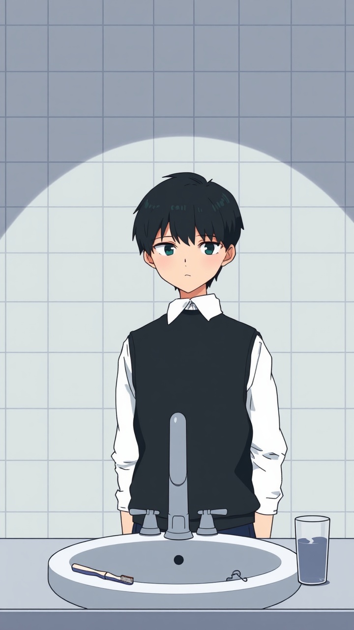 AI generated image by FLUX.1-schnell: Omocat's omori game artstyle, The image depicts a young person standing behind a bathroom sink facing the camera, their expression somber. Faucet faces away from the camera. Their dark hair is neatly styled, and they are dressed in a white shirt with a dark vest. The tiled walls behind them are plain and featureless, creating a sense of isolation. The only other elements in the scene are a toothbrush and a glass on the counter, suggesting a routine that the individual may find difficult to engage in. The overall mood of the image is melancholic, hinting at a sense of loneliness or sadness. The subdued colors and minimalist composition further contribute to the somber atmosphere.  The image leaves room for interpretation, inviting viewers to consider the inner thoughts and feelings of the subject.
