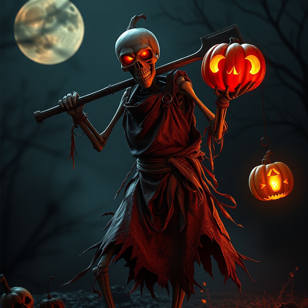 AI generated image by FLUX.1-schnell: Create a terrifying character named "The Halloween Butcher," a villain who emerges from the shadows on the darkest night of October. Imagine a skeletal figure with pale skin that glows under the moonlight, and a macabre grin revealing razor-sharp teeth. His attire consists of a blood-stained, tattered apron, filled with bits of pumpkin and strips of fabric that float like ghosts around his form.

This character wears a grotesque mask made of pumpkin, with eyes that seem to shine with an internal fire. In one hand, he wields a massive axe, covered in the essence of his victims, while in the other, he holds a pumpkin lantern that emits a spectral light, illuminating his path to terror.

The Halloween Butcher moves with supernatural agility, his maniacal laughter echoing in the darkness. Each step he takes sends a chill through the air, and his presence serves as a reminder that Halloween is not just a celebration but a night of horror.

Technical Details:

Utilize an RTX 4090 MSI graphics card to create hyper-realistic textures and lighting effects that highlight the ominous atmosphere of the scene.
Ensure that the effects of light and shadow play a crucial role, creating dramatic contrasts that heighten the fear.
Incorporate elements of Halloween, such as cobwebs, skulls, and elongated shadows, to increase the visual tension.
