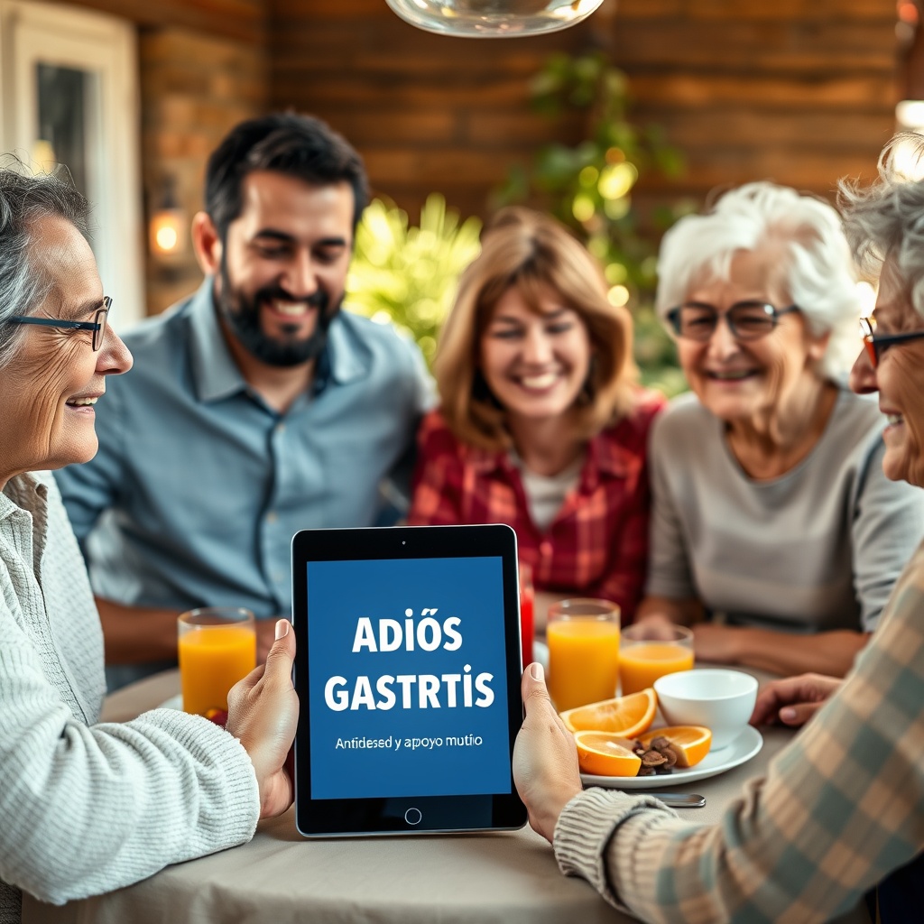 AI generated image by FLUX.1-schnell: Un grupo de adultos diversos (entre 30 y 60 años) sonriendo, reunidos alrededor de una mesa con infusiones y frutas, simbolizando comunidad y apoyo mutuo. Una persona sostiene una tablet que muestra el ebook “Adiós Gastritis”.  luz cálida, entorno natural, energía positiva.