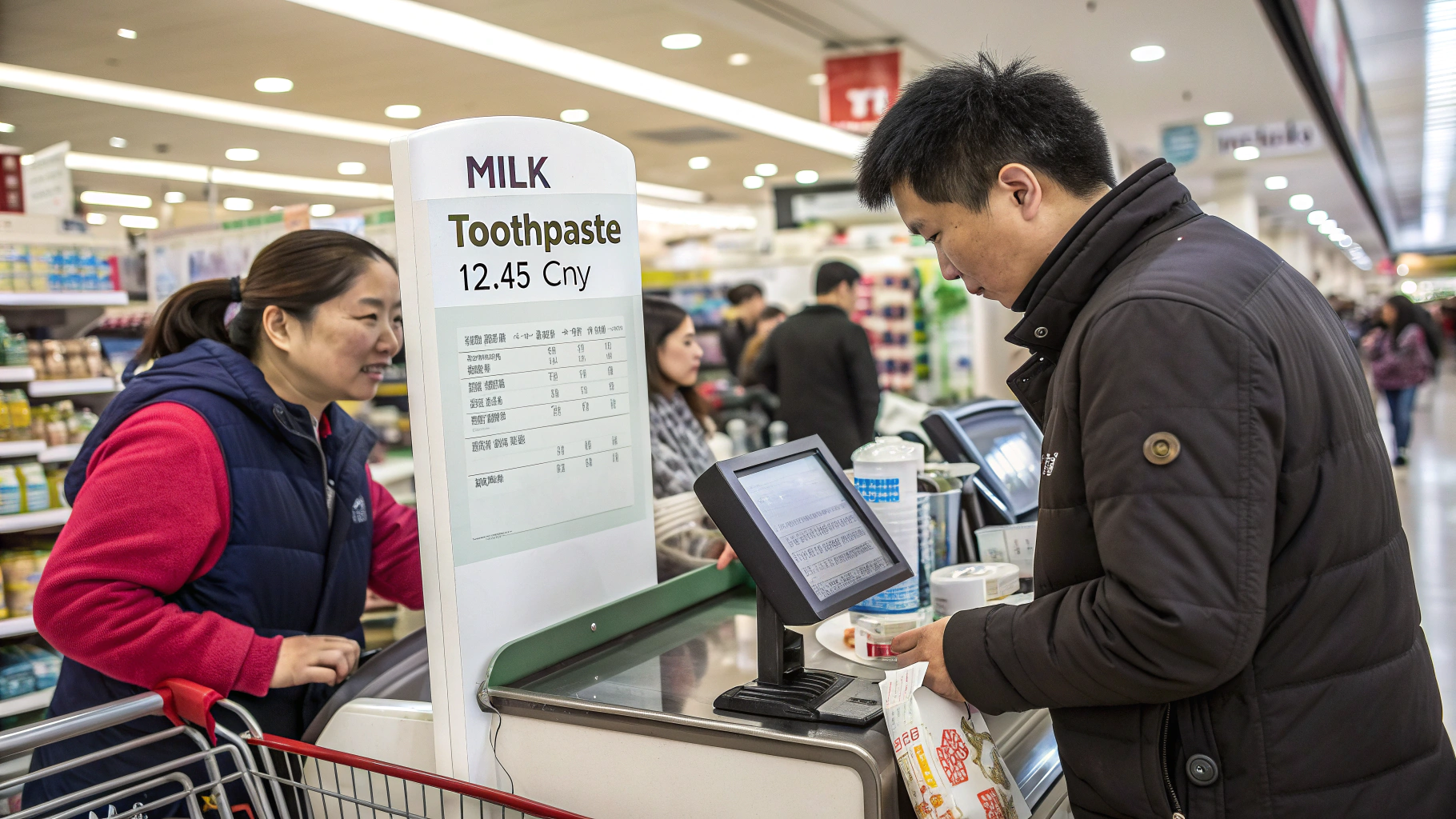 AI generated image by Red Panda AI: A customer is checking out at a supermarket cashier (the shopping list shows "milk" and "toothpaste," with a total amount of 123.45 CNY. Next to them, the cashier is scanning barcodes.
