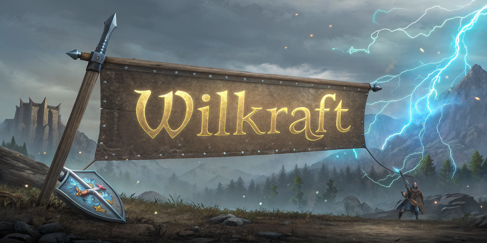 AI generated image by Red Panda AI: Un banner con temática de fantasía épica para un canal de transmisión de juegos llamado 'WillKraft', diseñado para adaptarse a un diseño amplio. El cartel presenta una fuente desgastada de estilo medieval con el texto 'WillKraft' brillando débilmente con energía mágica. El fondo muestra un campo de batalla encantado, accidentado y caótico, con runas místicas, un escudo roto y una espada destrozada. Nubes oscuras y auras mágicas de un azul tenue llenan la atmósfera, mezclándose con tonos dorados y plateados apagados. Los bordes tienen un efecto desgastado y texturizado, creando un diseño atrevido e inmersivo inspirado en un juego de rol decadente de fantasia postapocaliptica. Perfecto para una plataforma de streaming de juegos de fantasía como Kick".