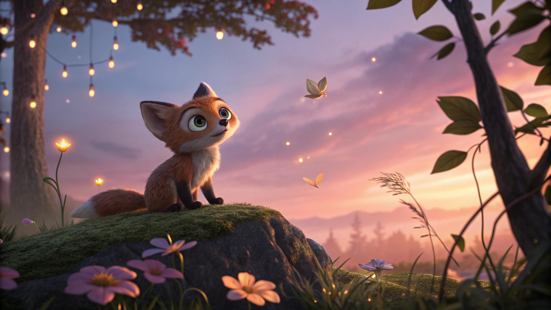 AI generated image by Red Panda AI: Ilustración digital estilo animación 3D suave y colorida, escena mágica al atardecer en un bosque encantado. Un pequeño zorrito adorable con ojos grandes y brillantes está sentado sobre una roca cubierta de musgo, rodeado de flores luminosas y luciérnagas flotando suavemente en el aire. El cielo tiene tonos pastel rosa, violeta y dorado, con nubes esponjosas. Hojas y pétalos suspendidos en el aire como si el viento soplara ligeramente. Iluminación cálida y cinematográfica, profundidad de campo suave, fondo ligeramente desenfocado, estilo película animada tipo Pixar, ultra detallado, atmósfera tierna, acogedora y mágica, alta resolución, composición centrada, espacio para movimiento sutil de cámara.