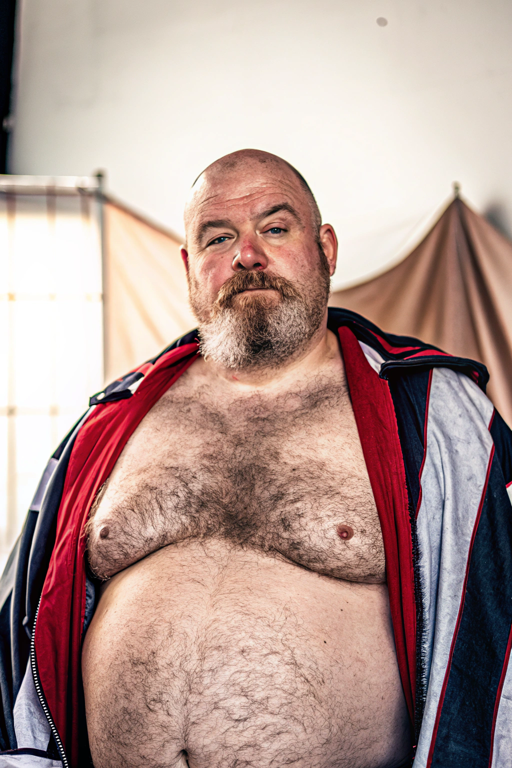 AI generated image by Red Panda AI: a studio photo of a slightly overweight 50 year old hirsute man. Man has heavy amount of body hair, hairy chest pattern, expanding his bloated heavy bearded-belly, bald head, brown and white goatee