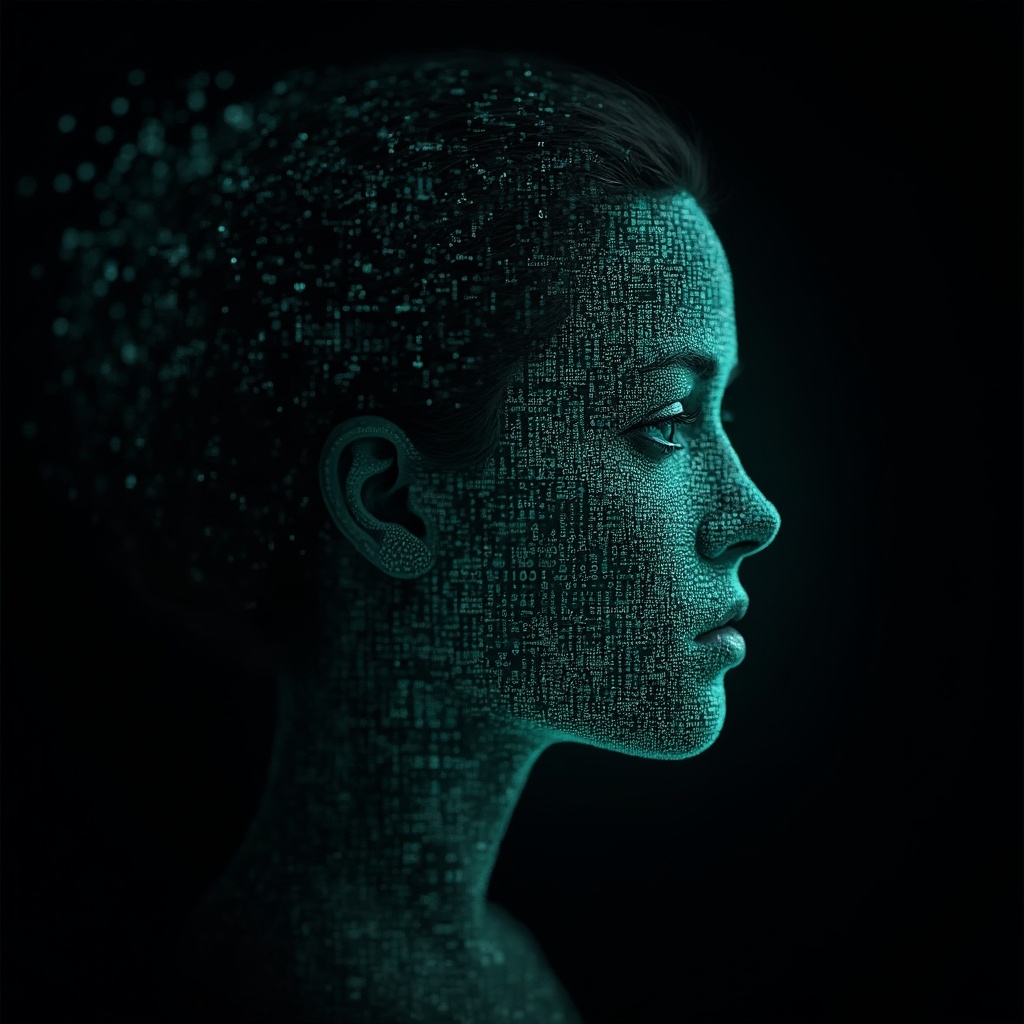 AI generated image by FLUX-Realism-Lora: Ada Lovelace's face as a digital mask made from thousands of turquoise numbers and formulas forming her face. The numbers and formulas are made from light. the formulas and numbers fly behind the mask leaving a trail of complexity. the mask is floating dynamically in mid air. her head is turned to the right but her eyes are looking directly into the camera. the mask is on a black background.  like a png with black only background. photo realistic, sci-fi, human features hair