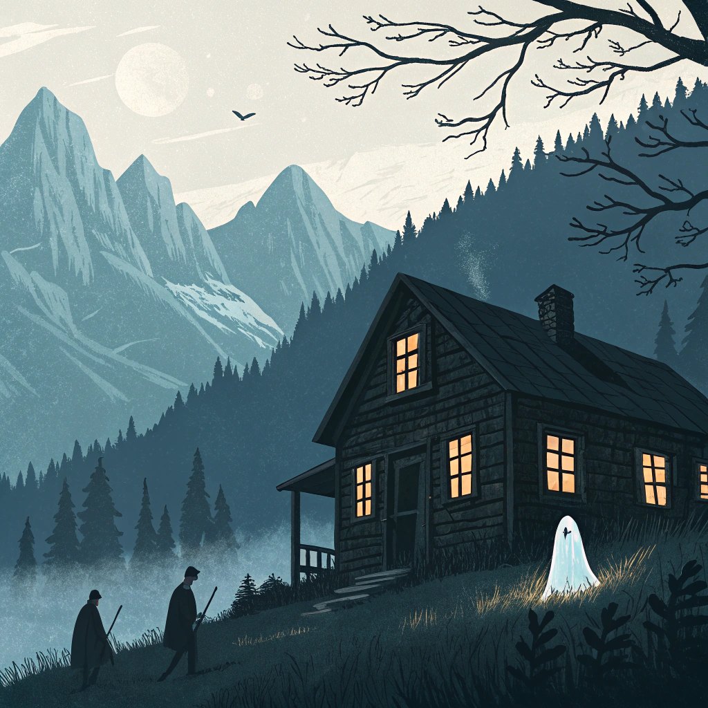 AI generated image by Red Panda AI: cabin in the mountains with shadows on the windows spooky with ghosts