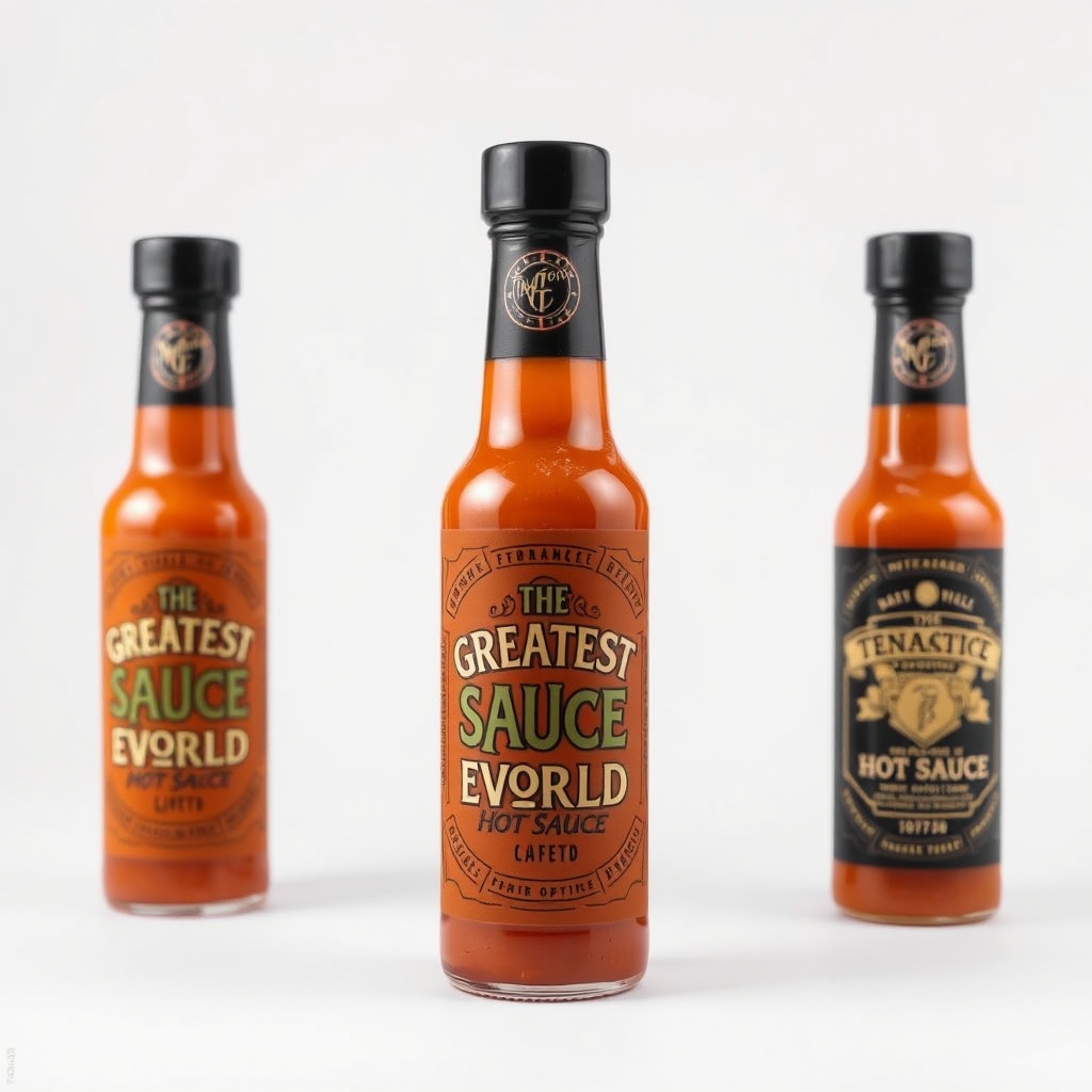 AI generated image by FLUX.1-schnell: A bottle of custom hot sauce that is called the greatest sauce in the world tribute based on the tenacious d song