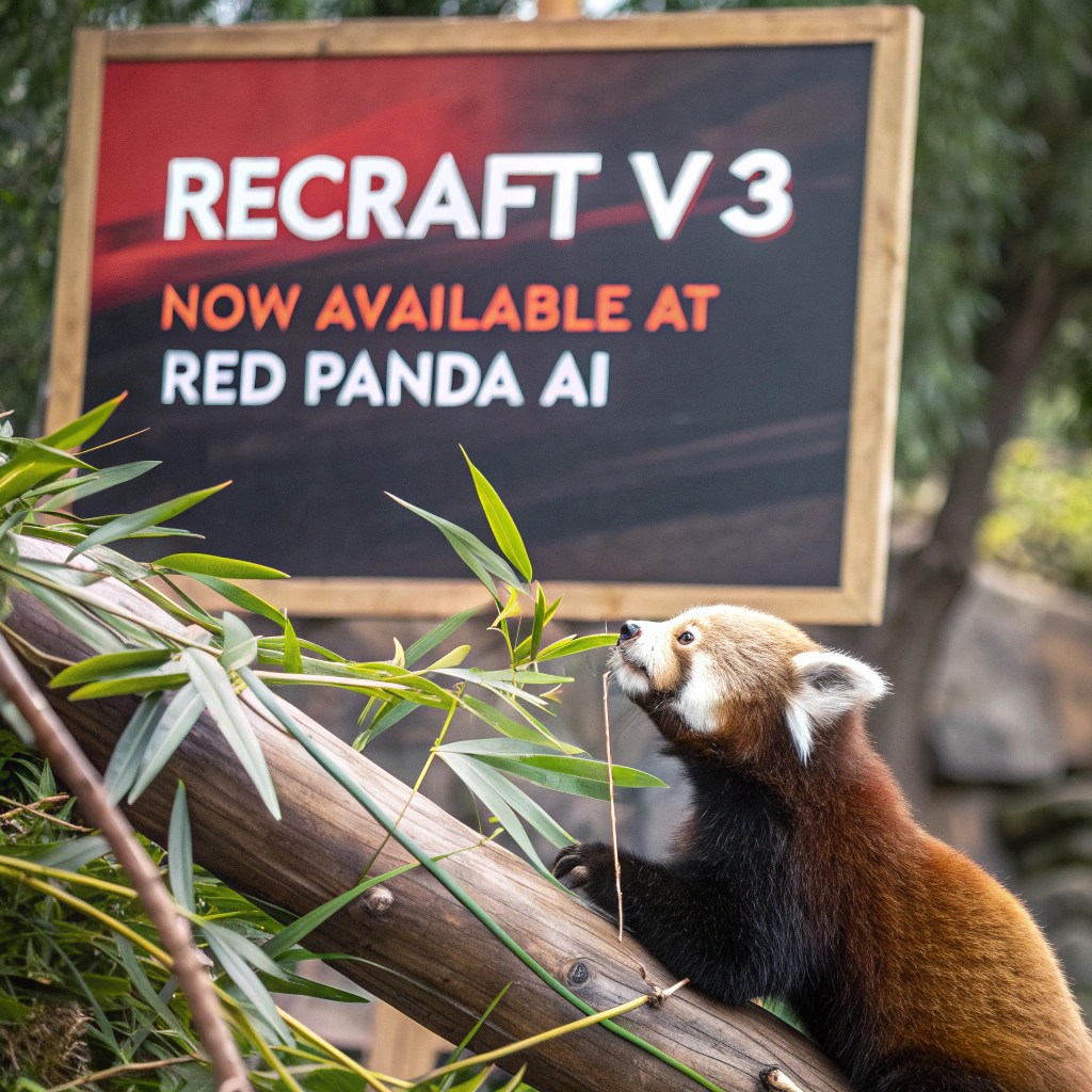 AI generated image by Red Panda AI: a red panda eating a bamboo in front of a poster that says "recraft V3 now available at red panda ai