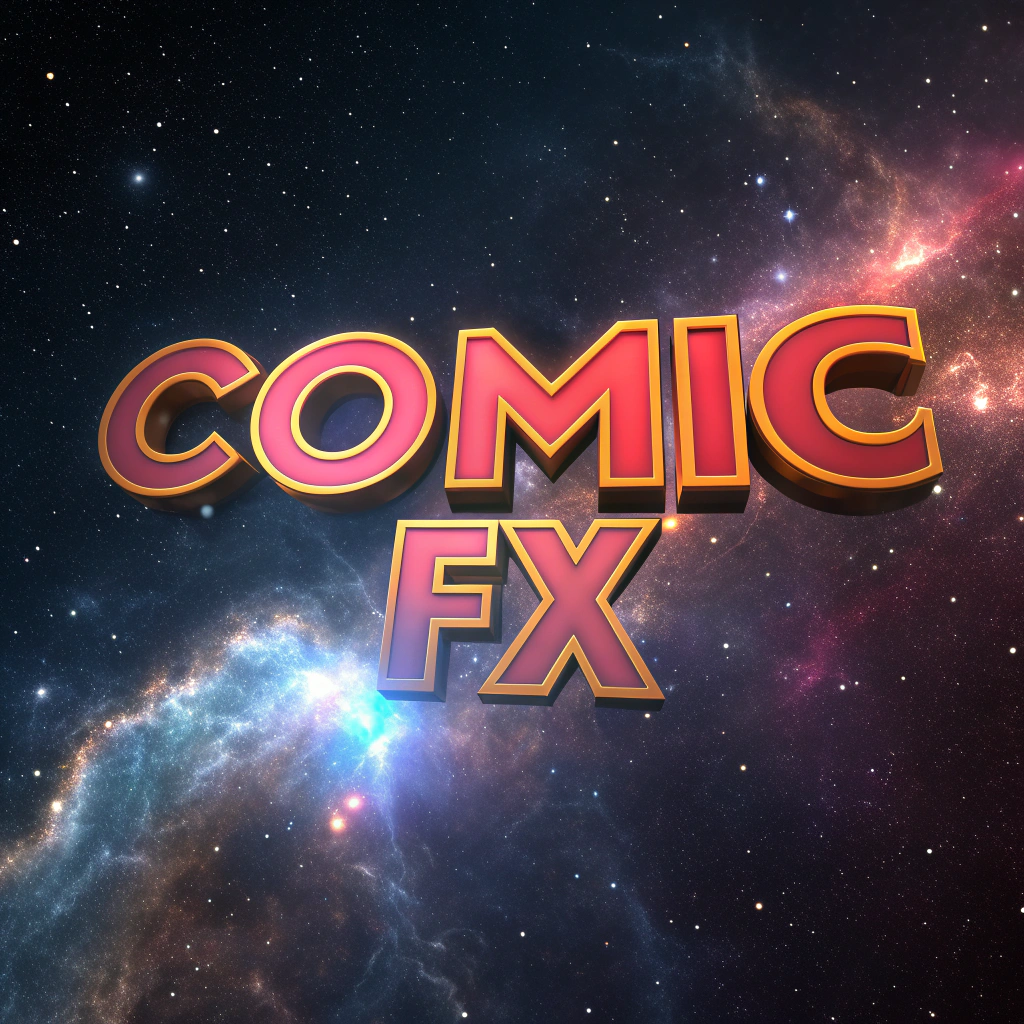 AI generated image by Red Panda AI: A giant 3D text written "Comic Fx" in the middle of the universe, with nebulae