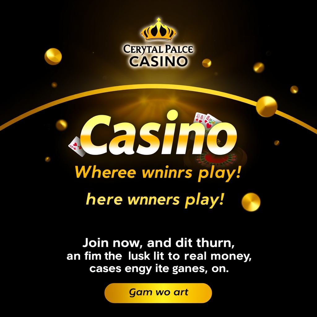 AI generated image by FLUX.1-schnell: Background: A sleek and luxurious design with golden and black colors. You can use images or illustrations of casino games (poker, roulette, slots).

Main Text: "🎰 Crystal Palace Casino – Where winners play! 💰" This should be in a bold and stylish font.

Sub Text: "24/7 action, exciting games, and instant Cash Out! 🏆" Use a slightly smaller font, but still eye-catching.

Call to Action: "Join now and turn your luck into real money. The game is on! 🎉" Place this at the bottom to attract visitors.