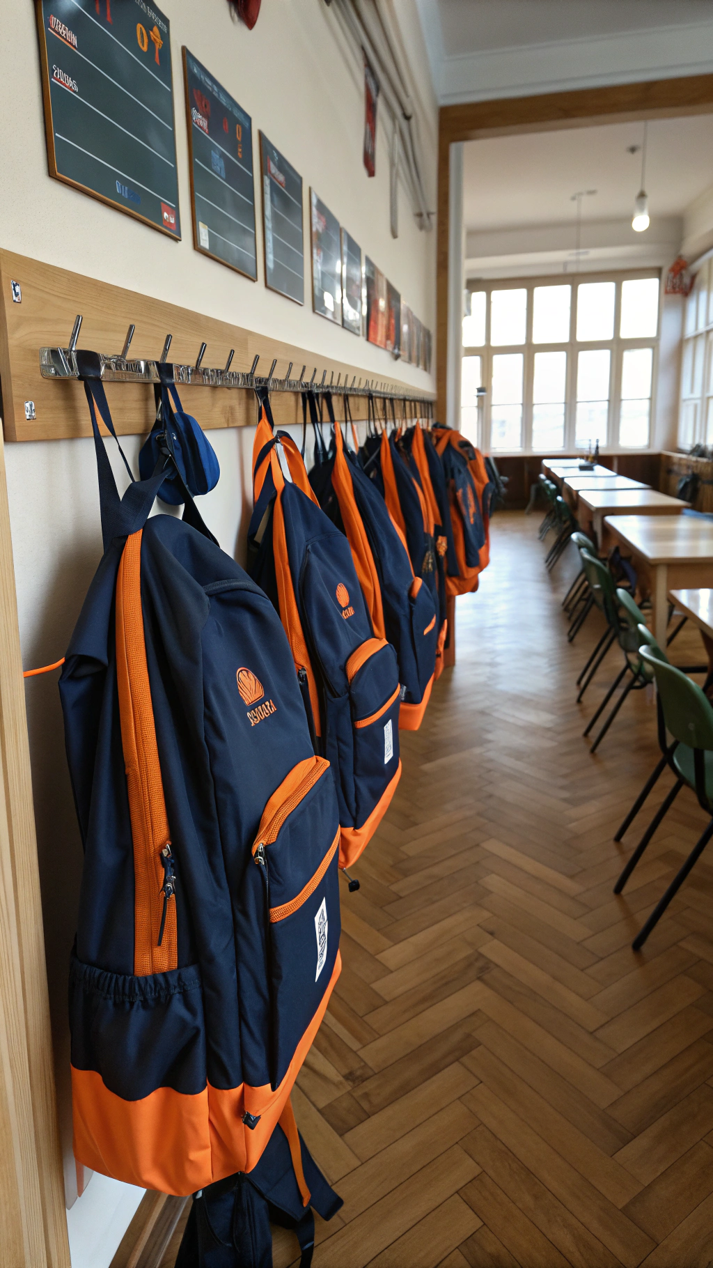 AI generated image by Red Panda AI: mochilas escolares, colgadas en un perchero de madera largo, en un aula de un colegio, que predominen los colores azul oscuro y naranja