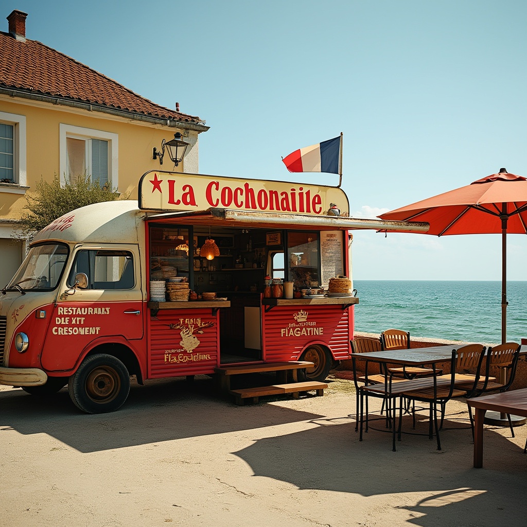AI generated image by FLUX.1-pro: un camion restaurant ancien avec écrit dessus à la cochonaille chez flagatine et flag  et des tables avec parasol en bord de l'océan atlantique 