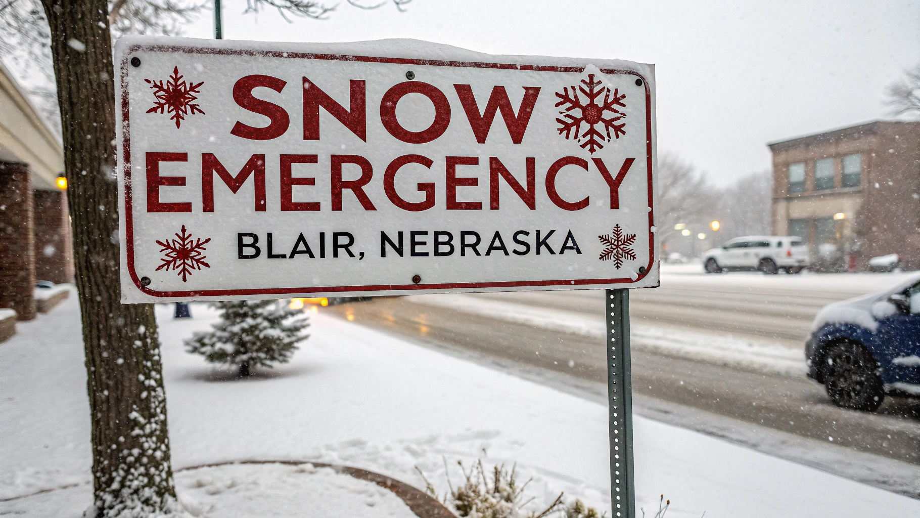 AI generated image by Red Panda AI: "Snow Emergency" declared for "Blair, Nebraska"