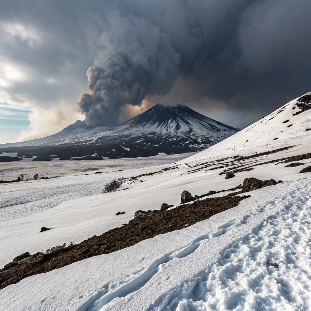 AI generated image by Red Panda AI: 火山爆發後下雪