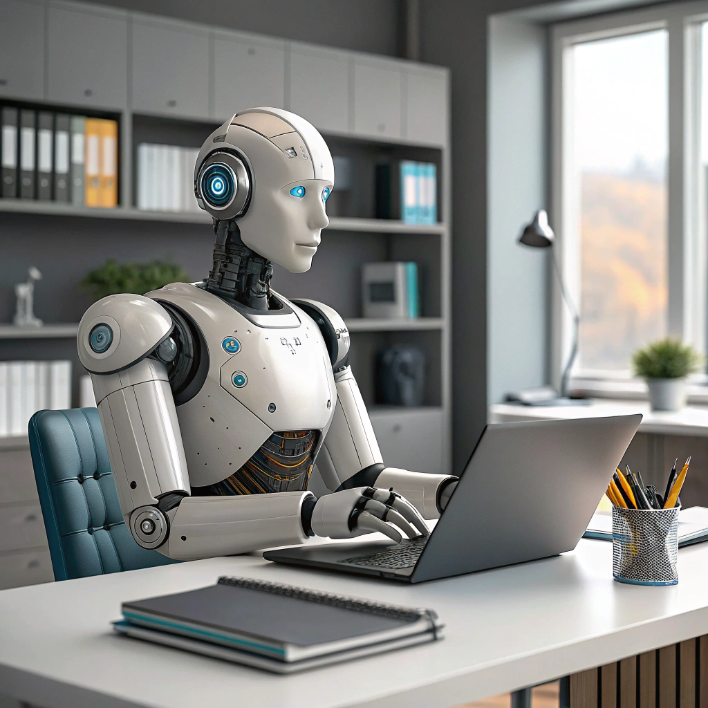 AI generated image by Red Panda AI: actúa como un experto diseñador gráfico y diseña un robot humanoide realista en una oficina y sentado utilizando una laptop 