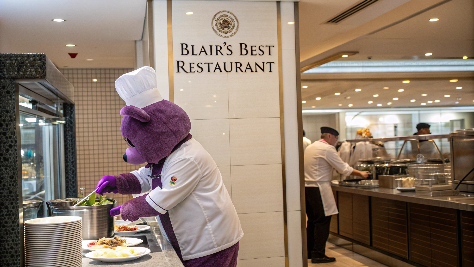 AI generated image by Red Panda AI: Purple bear works as a cook in a fine dining restaurant.  There is a sign that says, "Blair's Best Restaurant"