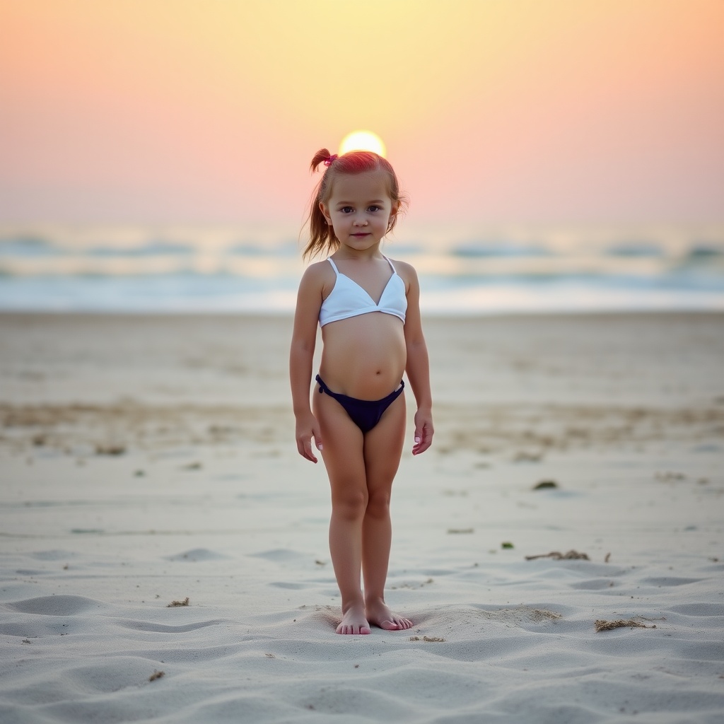 AI generated image by FLUX.1-schnell: A small young girl wearing a minimalistic swim bikini, standing on a sandy beach in front of a glowing sunset in the distance. 