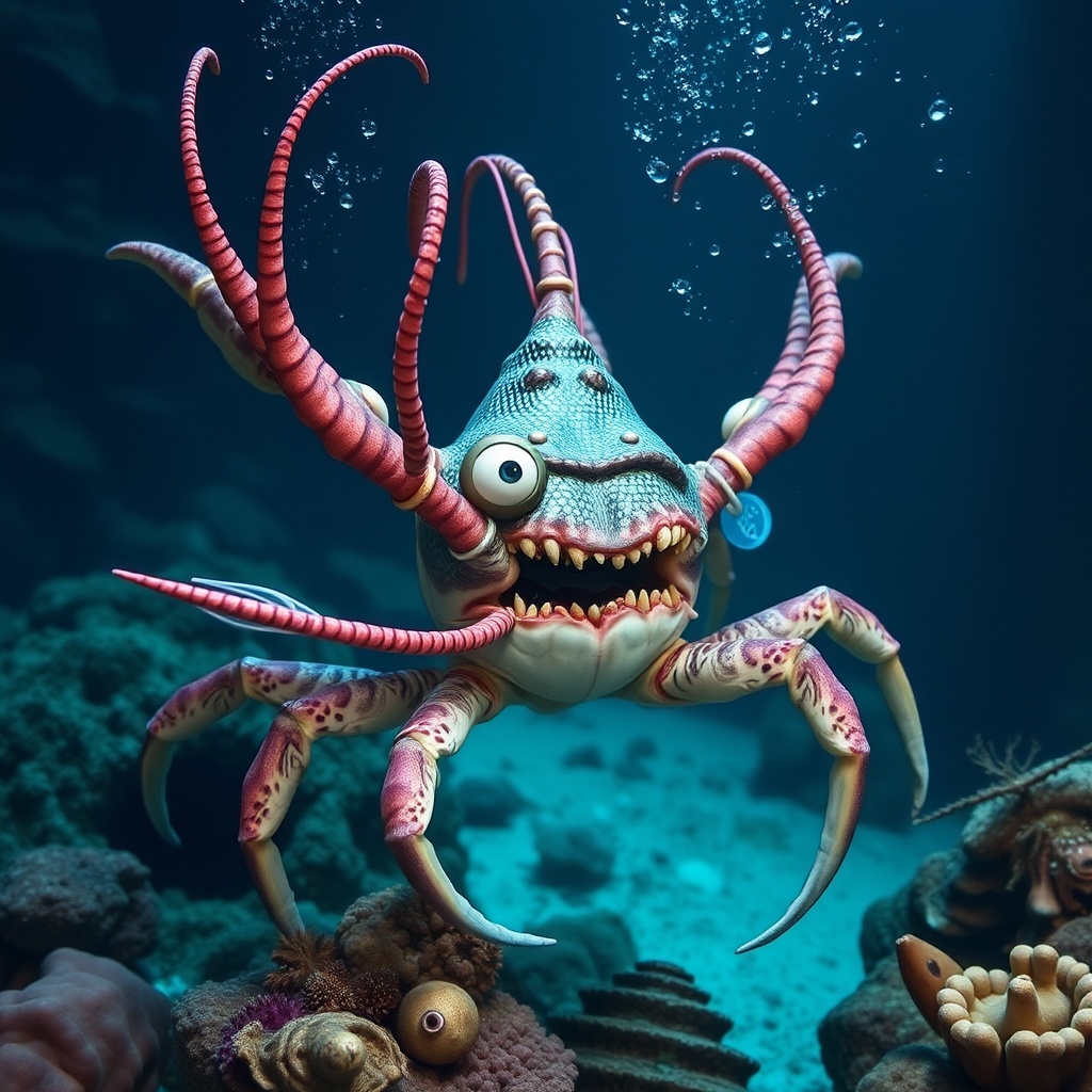 AI generated image by FLUX.1-schnell: crea un monstruo cangrejo haslo mas marino y realista

