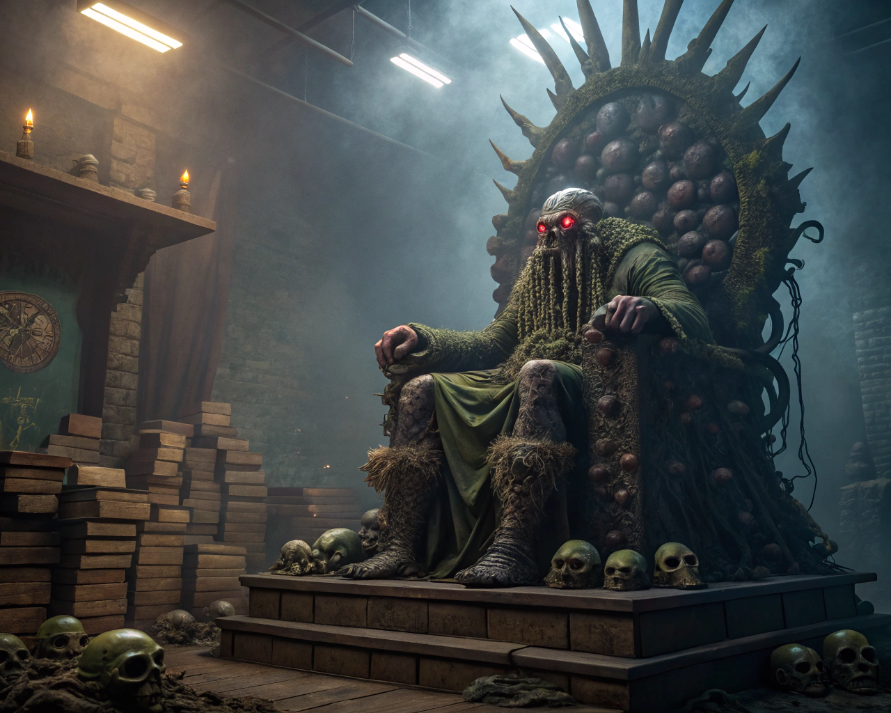 AI generated image by FLUX.1-schnell: "Create a hyper-realistic and detailed image of a Lovecraftian creature sitting on a massive, gruesome throne adorned with spikes and numerous zombie heads in various stages of decomposition, covering every surface, including the armrests. The creature should have: - A bulky, scaly body - Glowing red eyes - Long, thick tentacles floating in the air, emitting a viscous green liquid The environment should be: - Dark and eerie - With dim, diffuse lighting - Rough, worn textures - Fog or mist effects Include additional details to intensify the horror atmosphere, such as: - Ancient, mysterious symbols - Old, forbidden books - Strange, supernatural artifacts - Scenes of decay and abandonment Create an image that evokes fear and revulsion, capturing the essence of Lovecraftian cosmic horror."