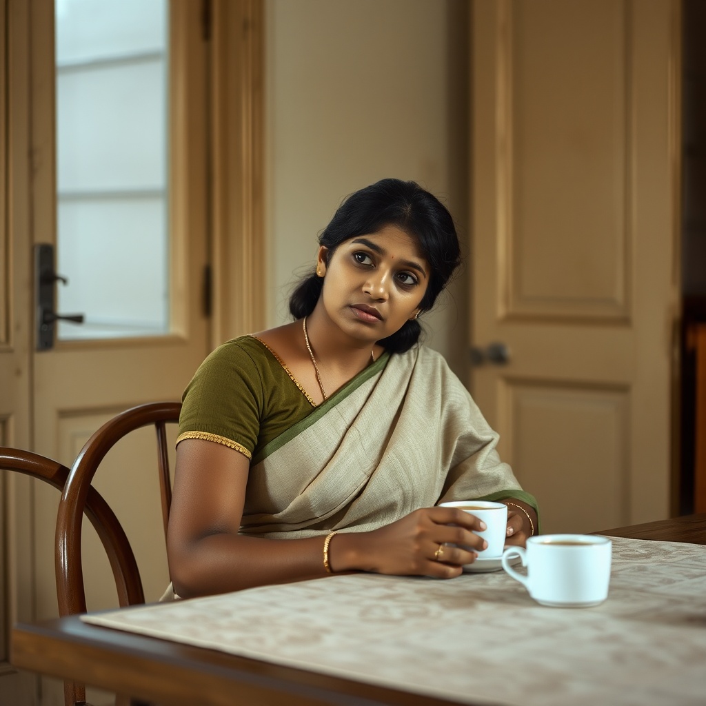 AI generated image by FLUX.1-schnell: A 30-year-old Tamil woman sits alone at the dining table with a hot coffee, lost in thoughts. She is medium build, good-looking, unhappy, womanly, in an old beige linen saree with olive blouse, black hair tied in low bun. an old French-style rustic kitchen, beige door and window, and white curtain, bokeh style, high-quality photo, cinematography