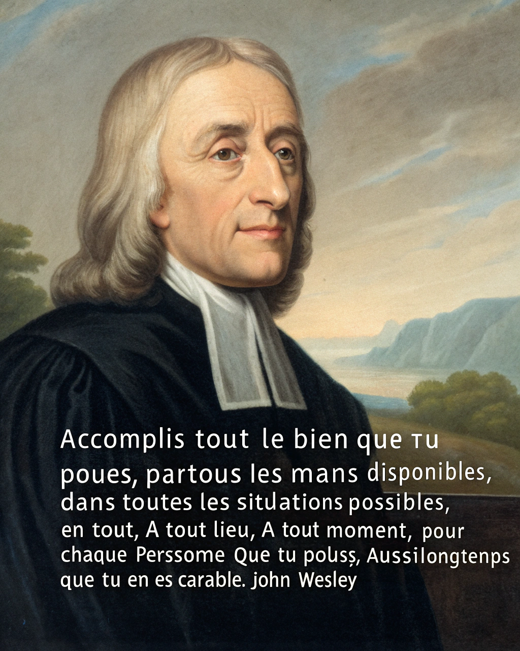 AI generated image by Red Panda AI: 18th century portrait painting of John Wesley with his quote written in French "Accomplis tout le bien que tu peux, par tous les moyens disponibles, dans toutes les situations possibles, en tout lieu, à tout moment, pour chaque personne que tu peux toucher, aussi longtemps que tu en es capable. - John Wesley"