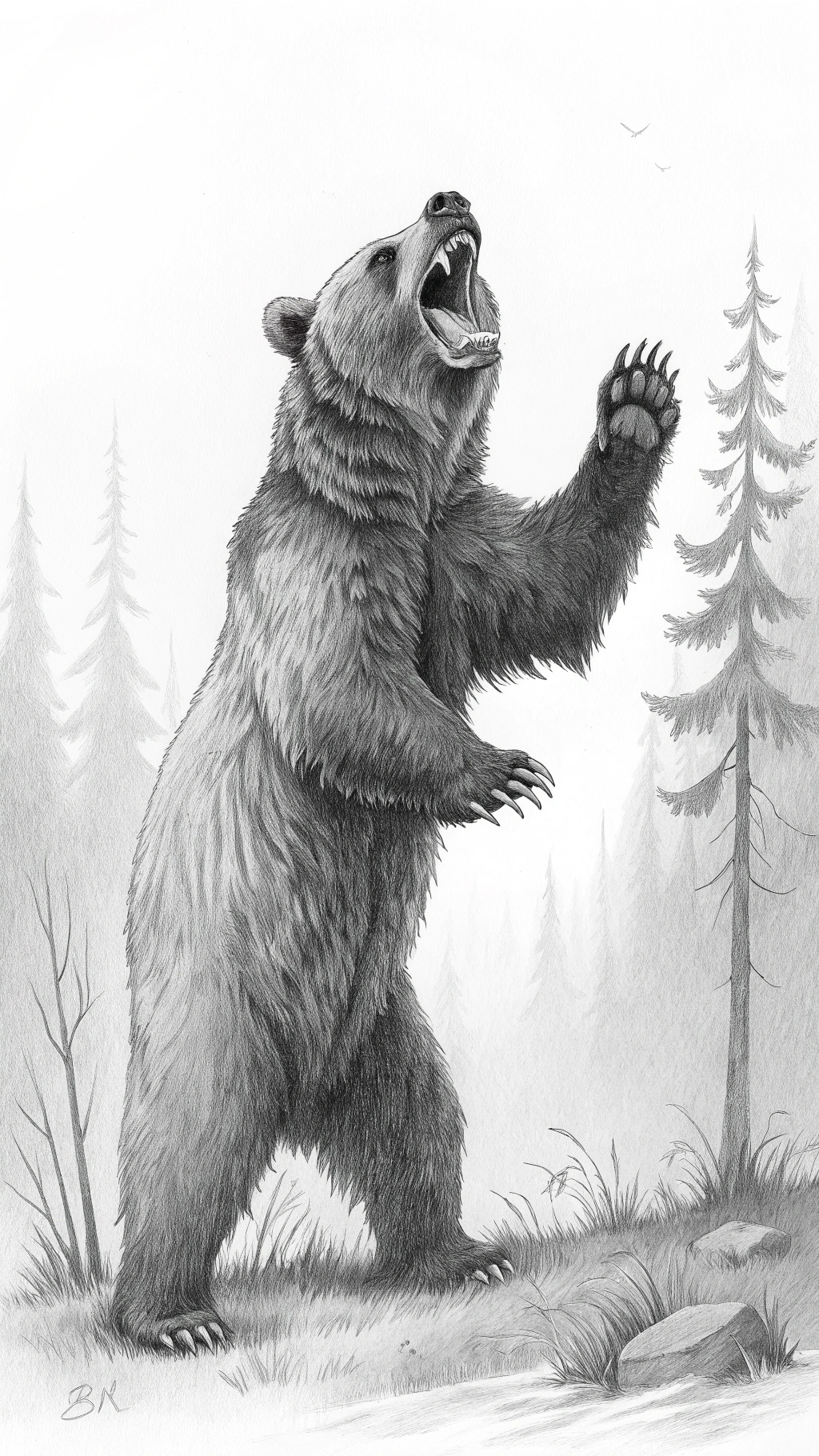 AI generated image by Red Panda AI: black and white pencil drawing  of a scary angry bear standing with his hands and open claws raised,  natural and realistic body position, with forest in background, against pure white background