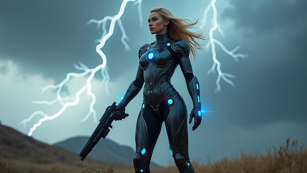 AI generated image by FLUX.1: A beautiful blonde woman stands triumphantly atop a hill, wearing sleek, high-tech cyber warrior armor with metallic textures and glowing blue highlights. Her armor is intricate and form-fitting, designed for agility and strength. She holds a futuristic, high-tech weapon in one hand, detailed with advanced, glowing elements that add an otherworldly effect. Her expression is confident and resolute as she gazes into the distance, her hair blowing in the wind. Behind her, a dramatic sky filled with dark thunderstorm clouds and flashes of lightning adds a powerful, intense backdrop, enhancing the scene's epic, sci-fi atmosphere