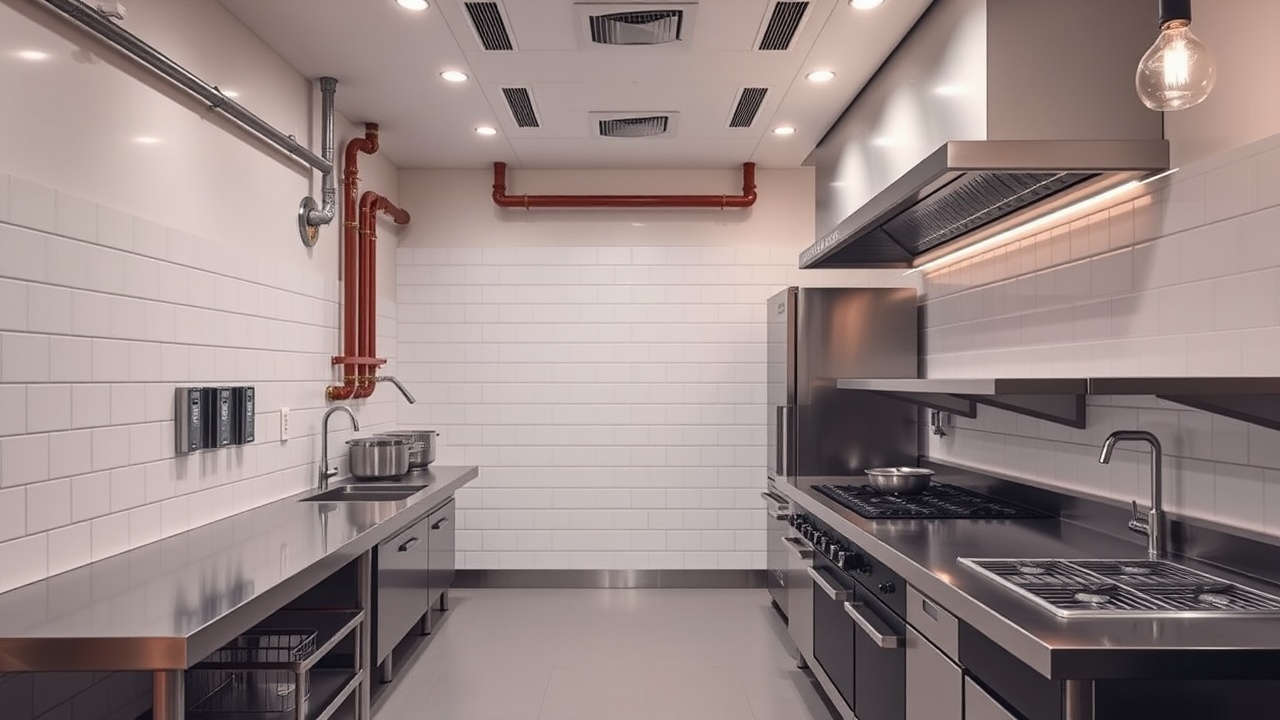 AI generated image by FLUX.1-schnell: Minimalist modern small restaurant kitchen, ultra-bright and immaculately clean, partially exposed gas pipes on one wall, high-resolution stainless steel workstations, white tiled backsplash, warm yet professional lighting, hyper-realistic photography, functional and sleek design