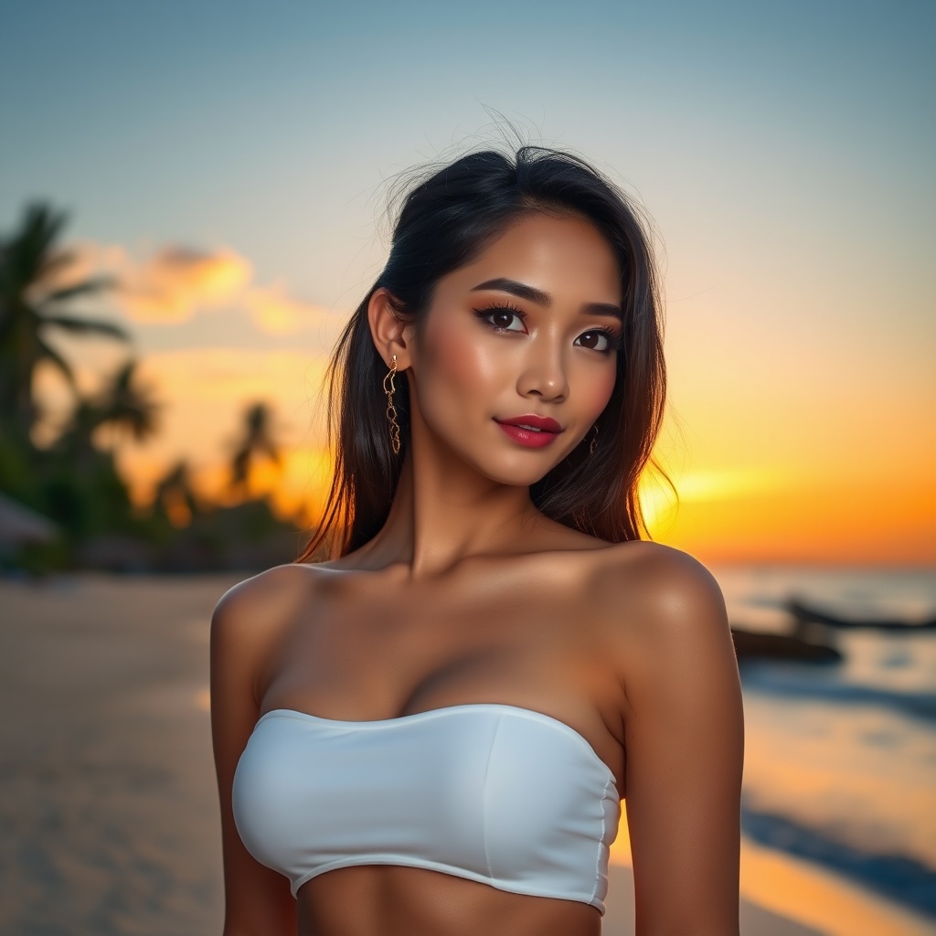 AI generated image by FLUX.1-schnell: A beautiful, slim, Asian model with perfect features.  She is posing on a tropical beach with a sunset in the background.  She is lit by lighting from the front.  Hyper realistic.