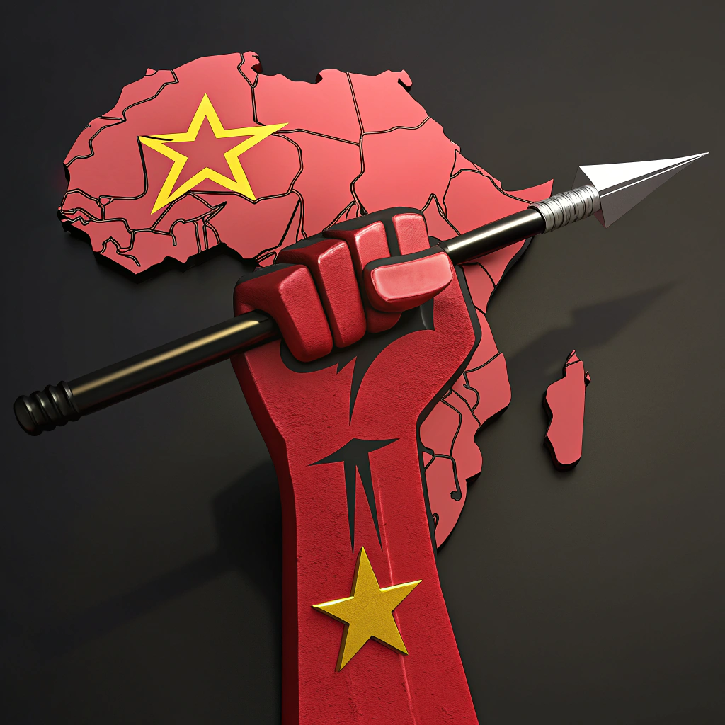 AI generated image by Red Panda AI: Prompt: "Create a high-resolution, 3D rendering of the Economic Freedom Fighters (EFF) logo. Center a bold, raised red fist, symbolizing resistance and empowerment, gripping a spear with a distinct black handle and metallic spearhead. The spear crosses over a three-dimensional African continent, which should have a textured, map-like surface in rich red. Position the yellow five-pointed star prominently near the tip of the spear, shining with a subtle metallic effect. The background should be dark or neutral to make the colors of the logo stand out vividly. Use a strong lighting effect to give depth and a sense of strength to each element."