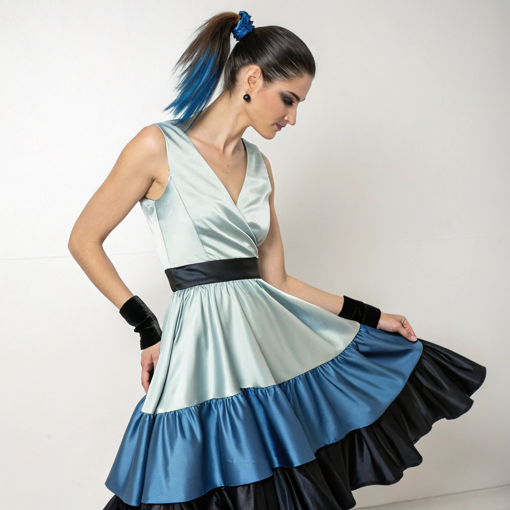 AI generated image by Red Panda AI: A woman wearing a V neck satin dress with a layered skirt and a black airband with a blue ponytail