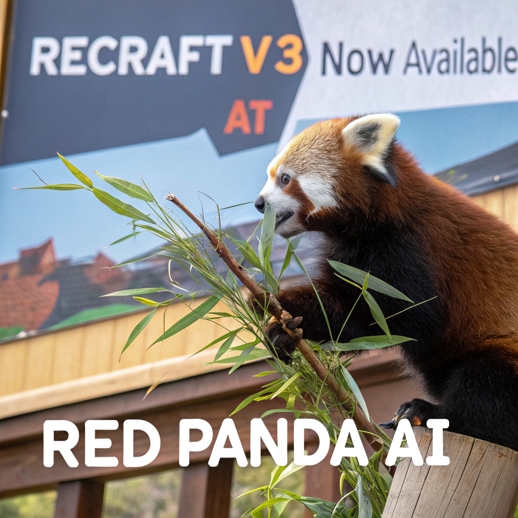 AI generated image by Red Panda AI: a red panda eating a bamboo in front of a poster that says "recraft V3 now available at red panda ai