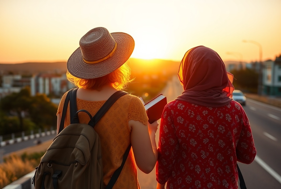 AI generated image by FLUX.1-schnell: Duas mulheres de vistido longe com um livro no braço andando ao longe em uma estrada na cidade em um por do sol. vista de tras