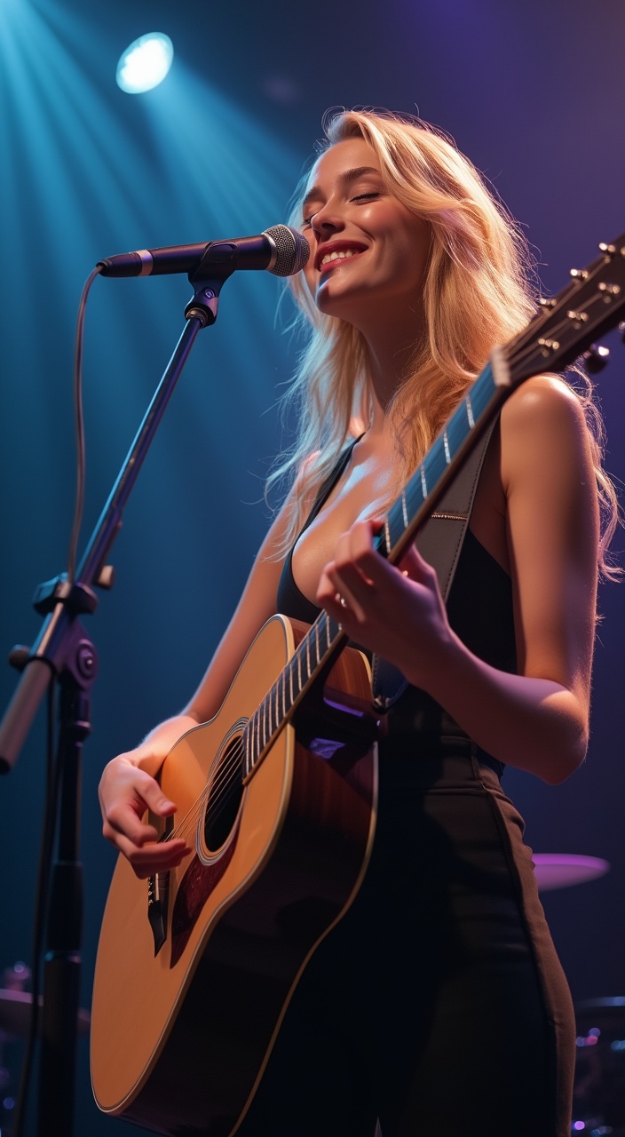 AI generated image by FLUX.1-pro: "A breathtakingly beautiful young blonde woman in her early twenties performs on a softly lit concert stage. She has silky, voluminous golden blonde hair, glowing flawless skin, and perfectly symmetrical facial features with large, expressive eyes and a naturally full mouth. She wears a sleek black outfit with a deep neckline, tastefully highlighting her naturally full bust with realistic proportions. She plays an acoustic guitar and sings with passion into a microphone. The background is softly blurred, filled with dreamy blue and purple lighting. Her aura is radiant, confident yet pure. Ultra-photorealistic, cinematic lighting, full body shot, 8K detail, natural anatomy, no distortion,big big breast