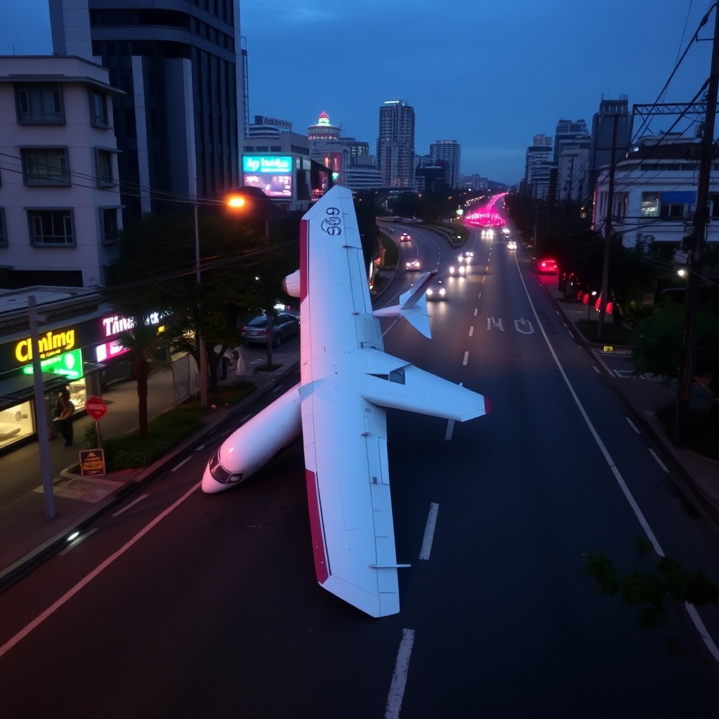 AI generated image by FLUX.1-schnell: Airplane  fall on the road in the center of Chiang Mai