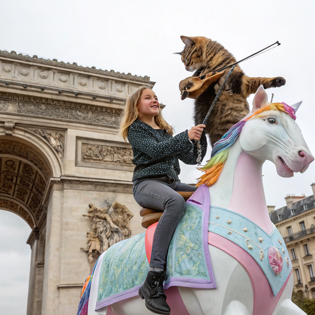 AI generated image by Red Panda AI: fille blonde cheveux blonds mi longs qui est sur une licorne en faisant de la gym avec un violon et qui est accompagné par un gros gros chat tricolore avec dominance de brun, ils sont près de l'arche de la défense, et en style il faut que ça ressemble au dessins dans super nana