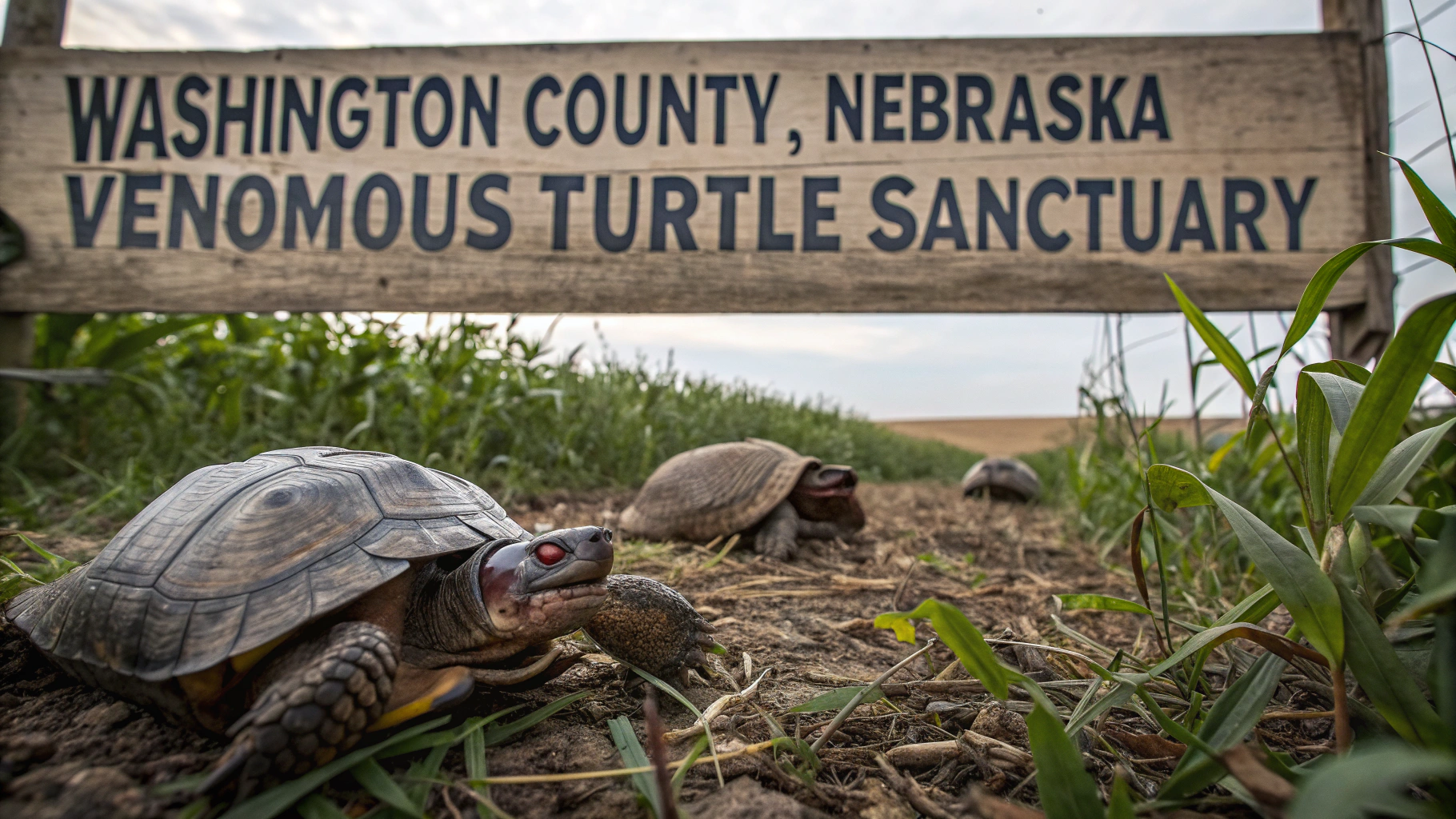 AI generated image by Red Panda AI: Venomous turtles in a cornfield, the turtles are clearly evil, turtles that can kill, dangerous turtles, an old rustic sign says "Washington County, Nebraska, Venomous Turtle Sanctuary"