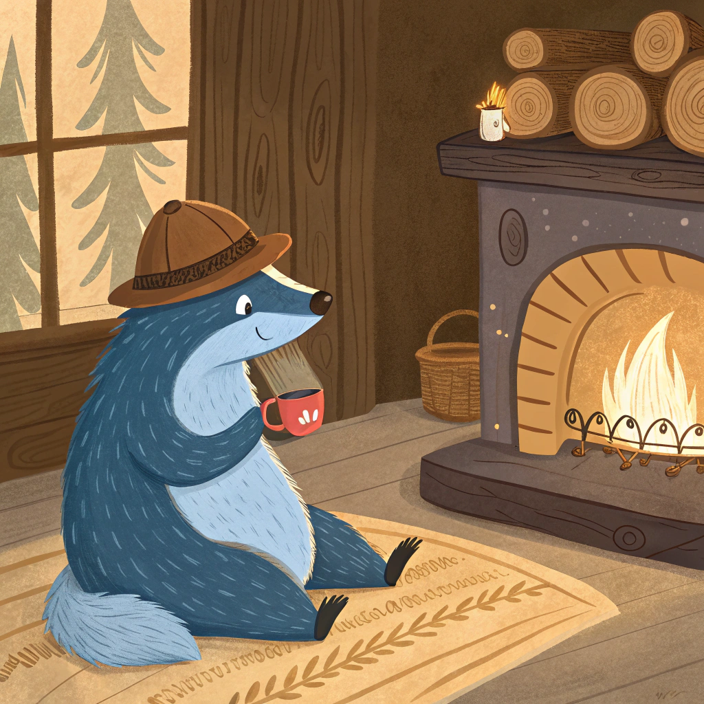 AI generated image by Red Panda AI: generate a picture of a blue badger wearing a brown hat sitting by the fireplace